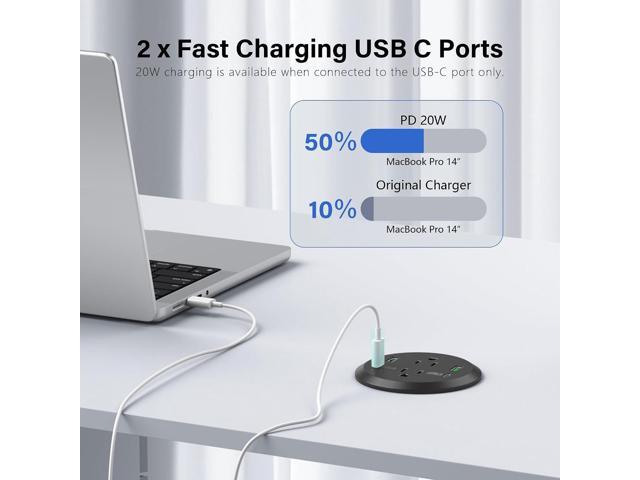 Desktop Power Grommet 3-inch Hole,40W Total Fast Charging Station, 2 PD 20W USB C Port,Flush-Mount Recessed Power Strip, 2 AC Outlets,4 USB...