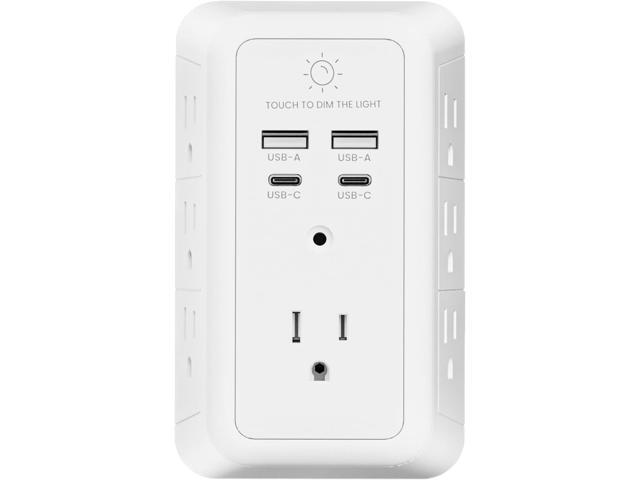 Wall Charger Surge Protector, Outlet Extender with Night Light, USB Wall Charger with 2 USB C and 2 USB Ports, 3-Sided Power Strip with Adapter...