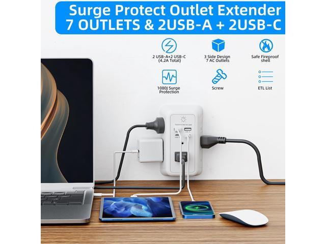 Wall Charger Surge Protector, Outlet Extender with Night Light, USB Wall Charger with 2 USB C and 2 USB Ports, 3-Sided Power Strip with Adapter...