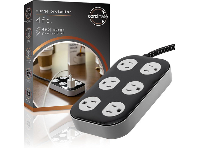 Cordinate Adapt 6 Widely Spaced Multiple Outlets Power Strip Surge Protector Braided 4 ft Extension Cord Flat Plug Electrical Extender for School...