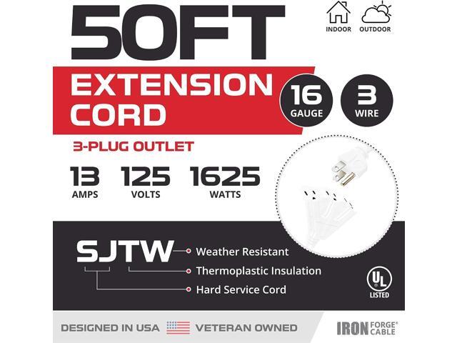 Iron Forge Cable 50ft White Outdoor Extension Cord with 3 Outlets - 16/3 SJTW 50ft Extension Cord 3 Prong, 13 Amp All-Weather Heavy Duty Power Cable