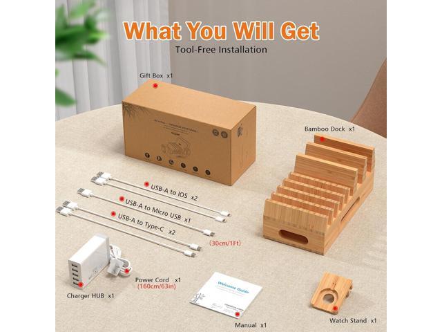 Pezin & Hulin Bamboo Charging Station Holder with 5 Port USB Charger, 5 x Charge Cables, Watch Stand, Wood Docking Stand Electronic Organizer for...