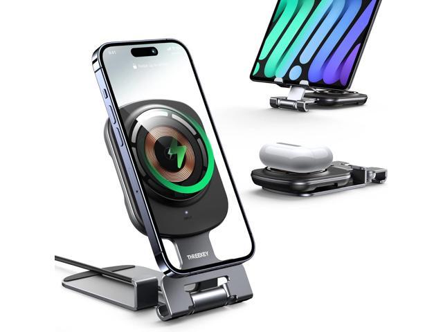 Magnetic Wireless Charger Stand for iPhone, 2 in 1 THREEKEY Foldable and Adjustable15W Fast Mag Safe Charger Stand with 5ft USB-C Cable, Compatible...