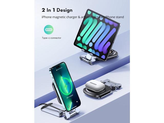 Magnetic Wireless Charger Stand for iPhone, 2 in 1 THREEKEY Foldable and Adjustable15W Fast Mag Safe Charger Stand with 5ft USB-C Cable, Compatible...