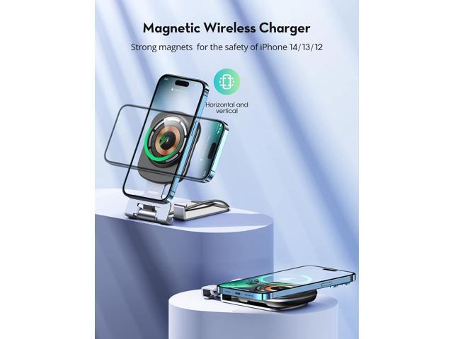 Magnetic Wireless Charger Stand for iPhone, 2 in 1 THREEKEY Foldable and Adjustable15W Fast Mag Safe Charger Stand with 5ft USB-C Cable, Compatible...