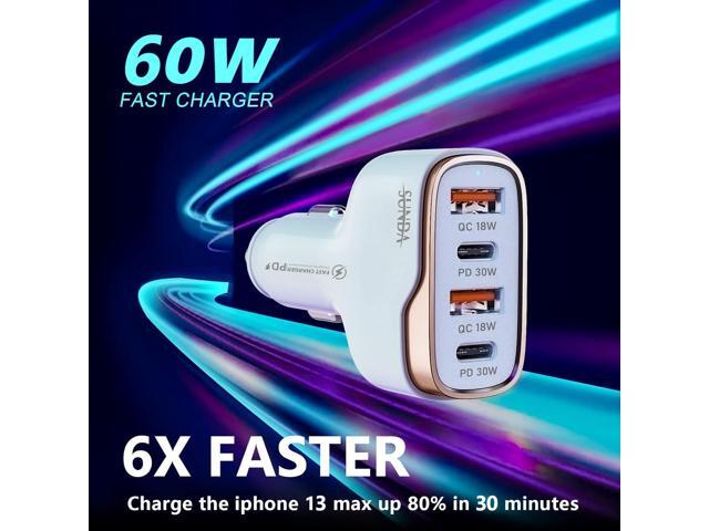 SUNDA 60W USB C Fast Car Charger, 4-Ports Car Charger Adapter, Dual Type C PD30W/PPS30W Compatible with iPhone16/15 Pro/Max/iPhone14/iPad...
