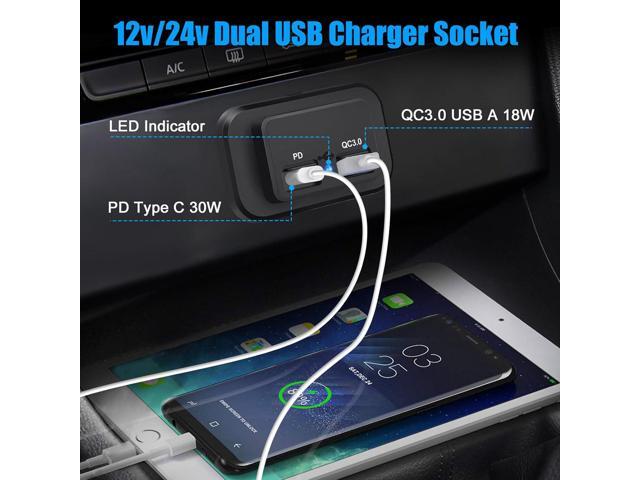 12V USB Outlet, Quick Charge 3.0 USB-A Port and USBC Port, 12V 24V Input Surface Mount RV USB Outlet, for RV Marine Motorcycle Truck Golf Cart