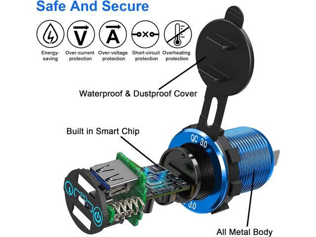 12V USB Outlet, 30W USB C & 30W Dual QC 3.0 USB A Port, Quick Charge 12V 24V USB C Outlet with Touch Switch, Waterproof Charger Socket for Car RV...