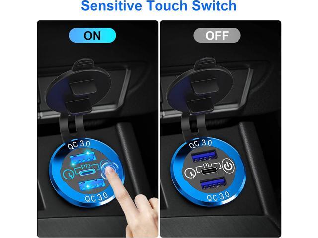 12V USB Outlet, 30W USB C & 30W Dual QC 3.0 USB A Port, Quick Charge 12V 24V USB C Outlet with Touch Switch, Waterproof Charger Socket for Car RV...