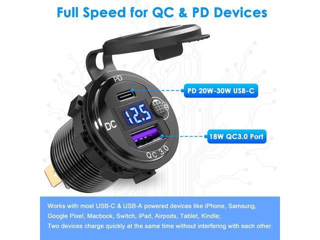 [Upgraded Version] 12V USB Outlet 2 Pack, OUFFUN PD 20W USB-C and 18W QC3.0 USB Port Aluminum USB C 12V Charger Socket with Power Switch Voltmeter...