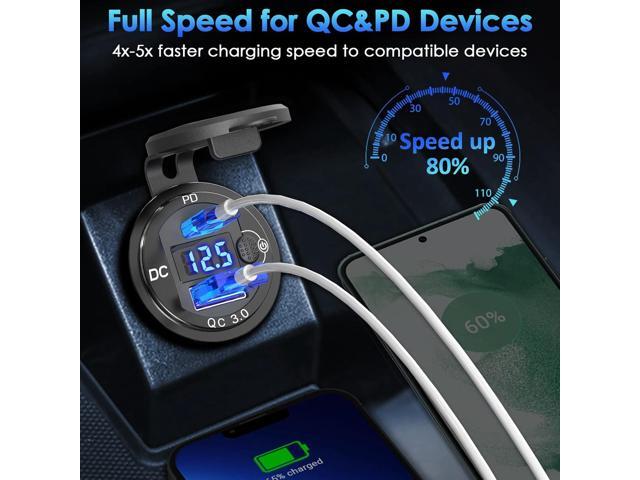 [Upgraded Version] 12V USB Outlet 2 Pack, OUFFUN PD 20W USB-C and 18W QC3.0 USB Port Aluminum USB C 12V Charger Socket with Power Switch Voltmeter...