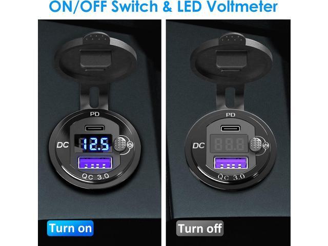 [Upgraded Version] 12V USB Outlet 2 Pack, OUFFUN PD 20W USB-C and 18W QC3.0 USB Port Aluminum USB C 12V Charger Socket with Power Switch Voltmeter...