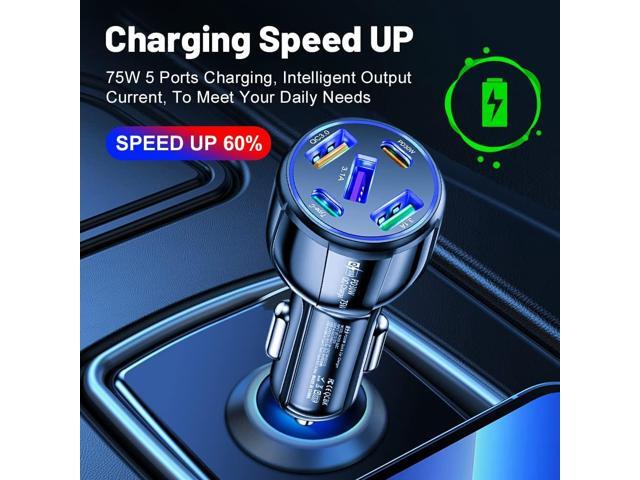 5 in 1 Car Charger Adapter,75W High Power Cigarette Lighter Adapter,QC3.0/PD Super Fast Charging Car Phone Charger Compatible with iPhone 14...