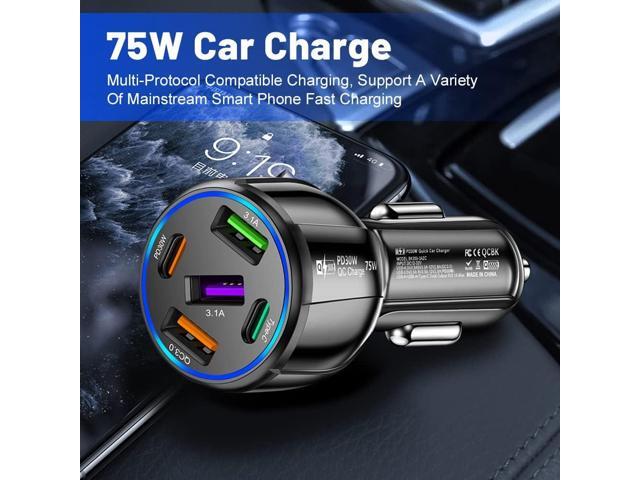 5 in 1 Car Charger Adapter,75W High Power Cigarette Lighter Adapter,QC3.0/PD Super Fast Charging Car Phone Charger Compatible with iPhone 14...
