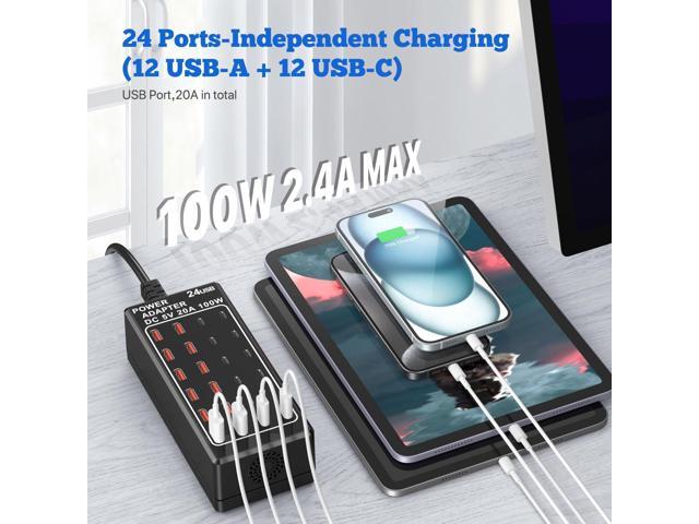 USB Charger Station, C Charging Block, 100W (20A) 24 Port Multiple USBCharger Desktop Wall Charger Hub 12 USB A 12 USB C Compatible for Apple...