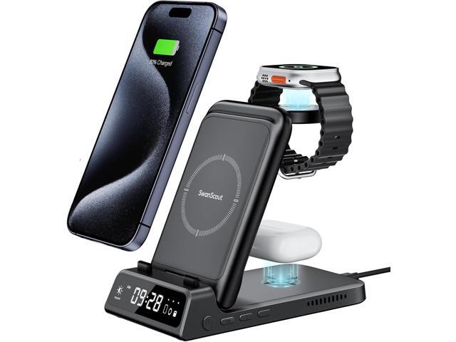 Wireless Charging Station for iPhone, SwanScout 703A, Wireless Charger for iPhone 15/14/13/12/11 Series, for Apple Watch Ultra 2/9/8/7/6/5/SE, for...