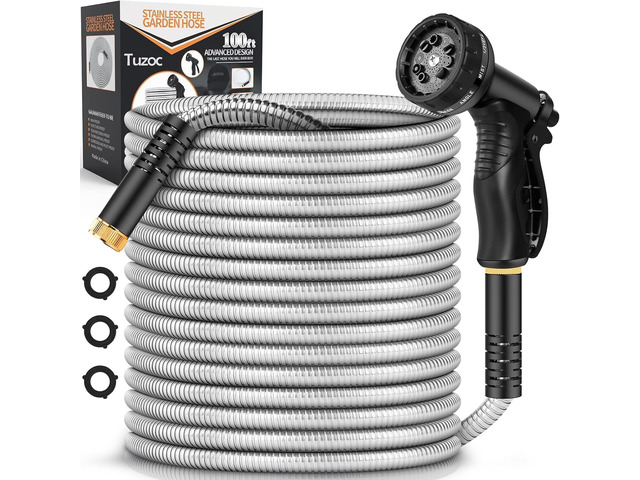Garden Hose Metal 100FT, Stainless Steel Heavy Duty Water Hose With 10 Function Nozzle, No-Kink, Tough & Flexible, Sturdy and Lightweight, Rust...