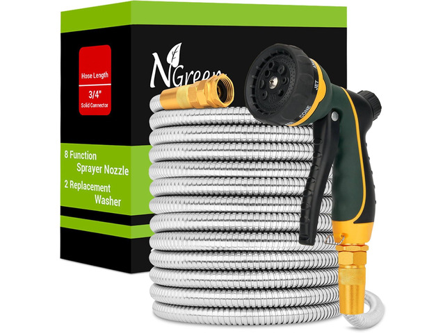 Garden Hose Metal 100FT Heavy Duty 304 Stainless Steel Water Hose with 8-Pattern Nozzle, Lightweight, Flexible, Puncture Proof, Kink-Free, High...