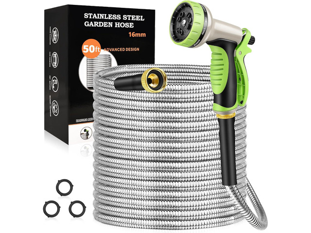 GOXAWEE Garden Hose 50FT, Stainless Steel Heavy Duty Water Hose With 10 Function Nozzle, No-Kink, Tough & Flexible, Sturdy and Lightweight, Rust...