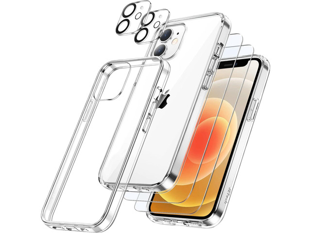 JETech 5 in 1 Case for iPhone 12, Anti-Yellowing, Clear 2 Tempered Glass Screen Protectors, 2 Camera Lens Protectors, Shockproof Bumper Phone Cover