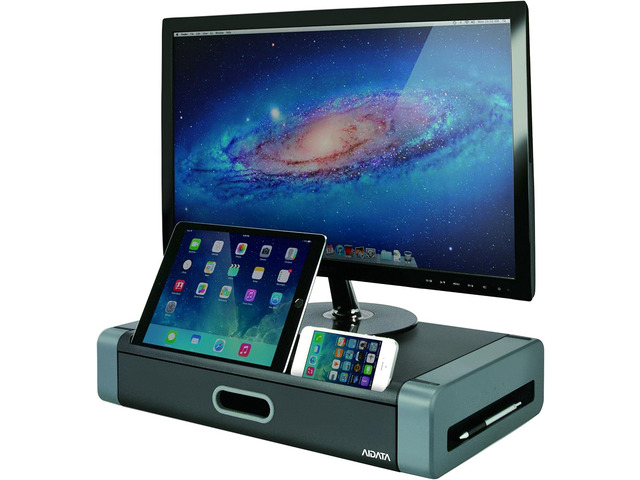 AIDATA Deluxe Monitor Stand with Space Saving Drawer and Phone/Tablet Slot - Raises Computer Monitors and Laptops for Ergonomic Viewing