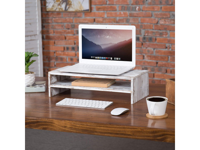 MyGift Shabby Whitewashed Wood Computer Monitor and Laptop Riser Stand for Desk, 2 Tier Office Desktop Storage Shelf