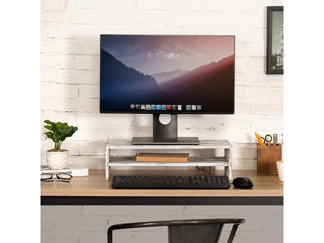 MyGift Shabby Whitewashed Wood Computer Monitor and Laptop Riser Stand for Desk, 2 Tier Office Desktop Storage Shelf