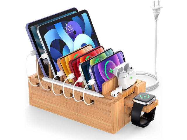 Bamboo Charging Station for Multiple Devices with 5 Port USB Charger, 5 Charger Cables and Watch Stand. Wood Desktop Docking Stations Organizer for...