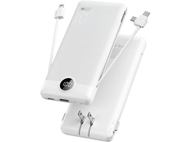 VRURC 10000mAh Portable Charger with Built-in Cables and AC Wall Plug Ultra Slim Power Bank USB C Phone Charger 5 Output 2 Input External battery...