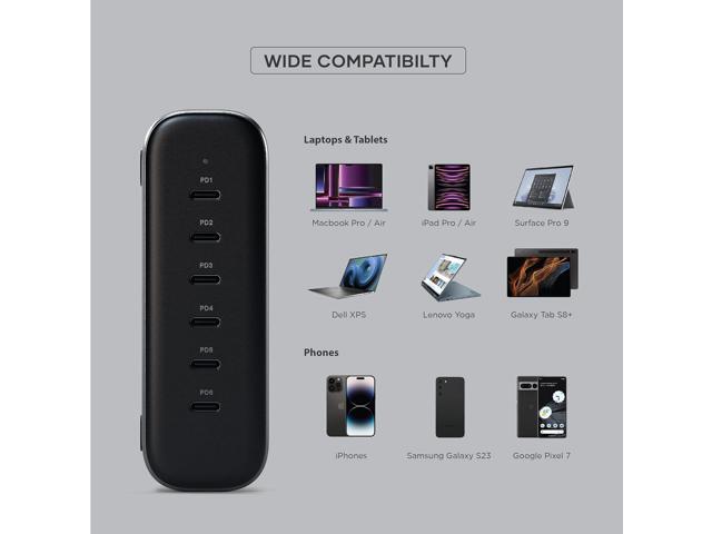 Satechi 200W 6-Port GaN Charger - 2X 140W USB-C and 4X USB-C, Fast Charging Travel Station for Apple and Most Thunderbolt Devices