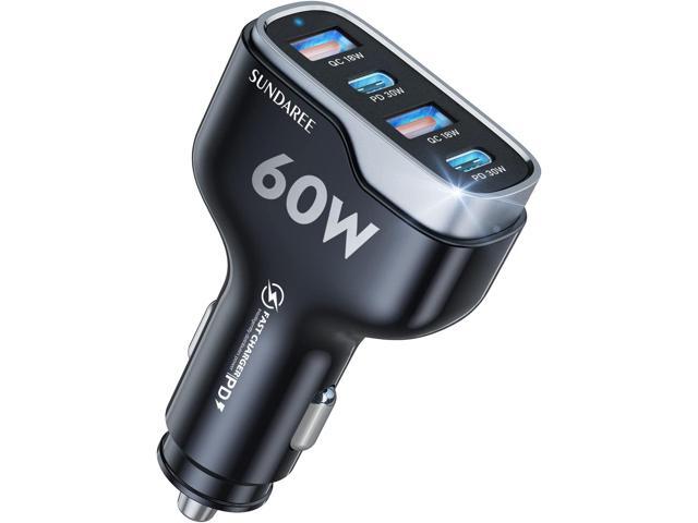 Car Phone Charger, SUNDAREE 60W 4 Ports USB c Car Charger Fast Charging Cigarette Lighter Adapter, Dual QC 3.0 18W & PD 30W Charger Compatible with...