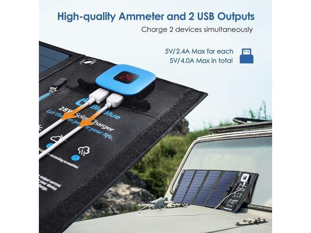 Solar Panels Charger with Digital Ammeter, BigBlue 28W SunPower Camping Solar Panel, Dual USB(5V/4A Overall), IPX4 Waterproof, Compatible with...