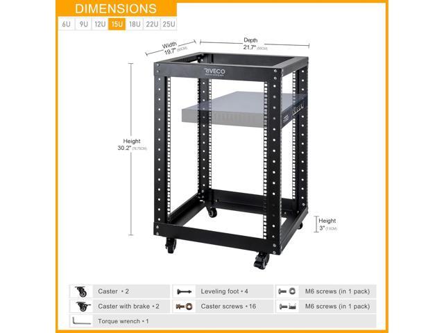 RIVECO 15U Server Rack Floor Standing Open Frame with Wheels- 19-inch 4 Post Quick Assembly AV Rack Network Heavy Duty Durable Black
