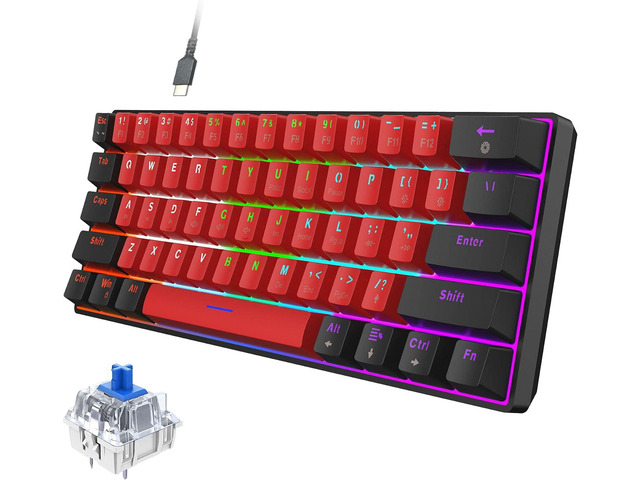 Snpurdiri 60% Wired Mechanical Gaming Keyboard, LED Backlit 61 Keys Small Wired Office Keyboard for Windows Laptop PC Mac (Black-Red, Blue Switches)