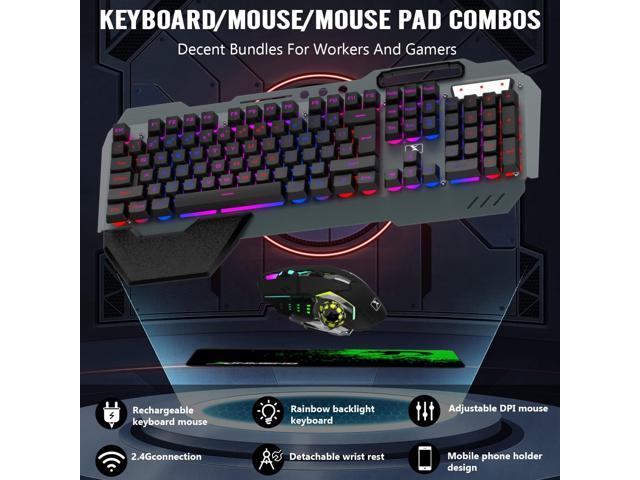 Wireless Gaming Keyboard and Mouse Combo,Rainbow LED Backlit Keyboard with Rechargeable 3800mAh Battery Metal Panel,Removable Wrist Rest Mechanical...