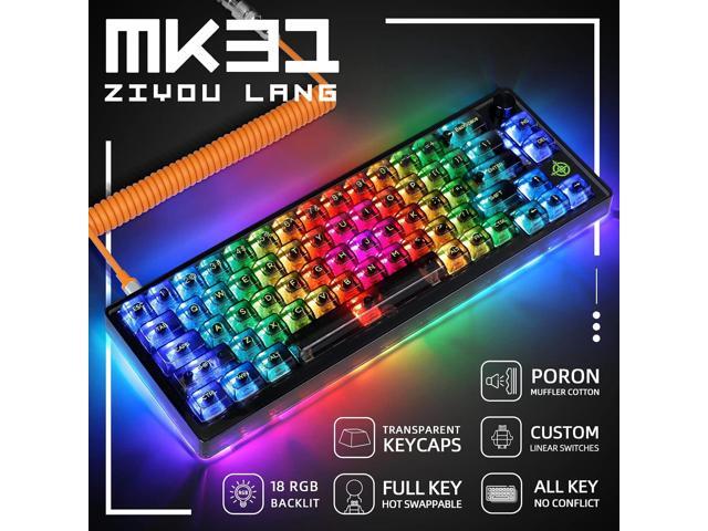 65% Hot-Swap Wired Mechanical Gaming Keyboard Programmable with Transparent 66 Key Full Side RGB OWERTY Linear Ice White Switch Custom Coiled C to...