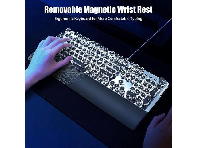 TISHLED Typewriter Keyboard Mechanical Gaming Keyboard White LED Backlit Removable Magnetic Wrist Rest Multifunction Knob 104-Key Anti-Ghosting...