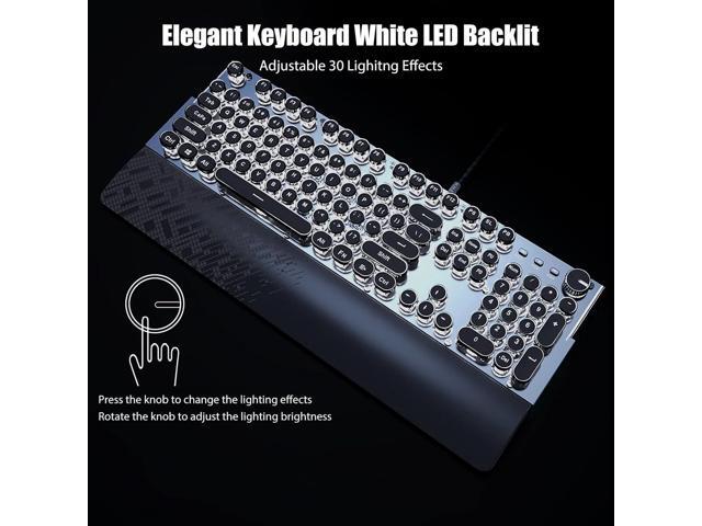 TISHLED Typewriter Keyboard Mechanical Gaming Keyboard White LED Backlit Removable Magnetic Wrist Rest Multifunction Knob 104-Key Anti-Ghosting...