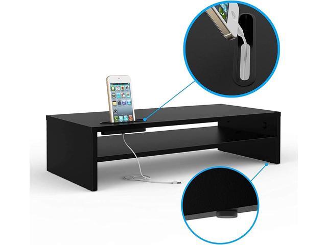 BONTEC Wood Monitor Stand Riser, 2 Tiers with Storage Organizer, Desktop Ergonomic Cellphone Holder and Cable Management, 21.3 Inch Shelf, Black