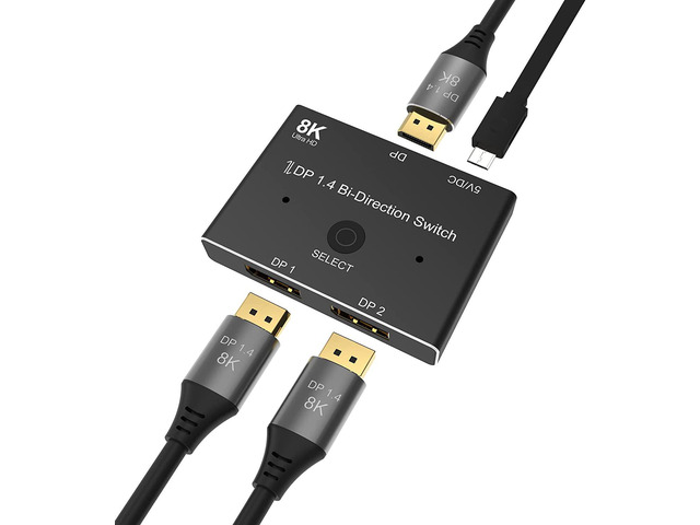 DisplayPort Switch Splitter, Bi-Directional DP 1.4 2 in 1 Out/1 in 2 Out Switcher, Support 8K @ 30Hz 4K @ 120Hz Splitter Converter for Multiple...