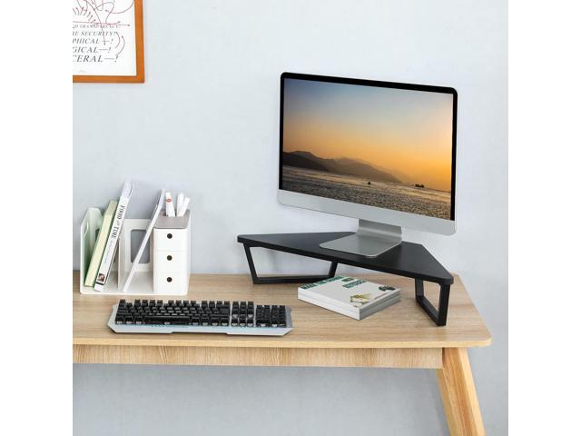 TEAMIX 26 inch Triangle Monitor Stand Riser, Desktop Corner Shelf with Metal Leg Wood Computer Stand with Storage Laptop Riser Office Organization