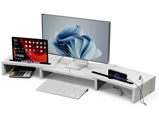 TEMI Dual Monitor Stand Riser with USB Charger, Monitor Riser with Adjustable Length & Angle, Monitor Stand Riser with 2 Monitors, 3 Shelf Desktop...