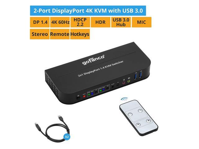 gofanco 2 Port DisplayPort KVM Switch with USB 3.0 DisplayPort 1.4, 4K @60Hz 4:4:4, HDR, HDCP 2.2/1.4, USB Keyboard/Mouse, USB 3.0 Hub, MIC in,...