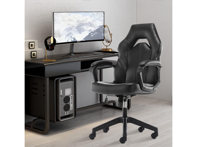 Ergonomic Gaming Office Chair - PU Leather Executive Swivel Computer Desk Chair with Flip-up Armrests and Lumbar Support for Working, Studying, Gaming