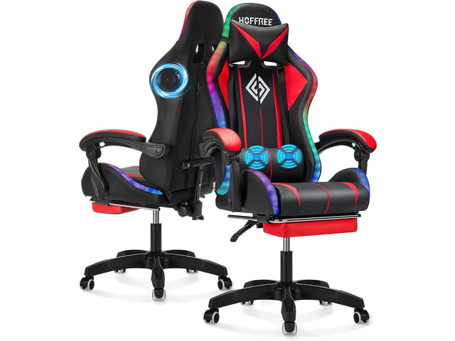 RGB Gaming Chair with Bluetooth Speakers and LED Lights Ergonomic Massage Computer Game Chair with Footrest High Back Music Video Game Chair with...