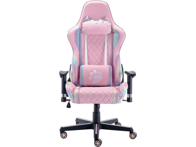 HEAH-YO Pink Gaming Chair with Cute Cat Headrest and Lumbar Support Ergonomic Comfortable Computer Desk Chair for Adults and Kids, Rainbow, Black Base