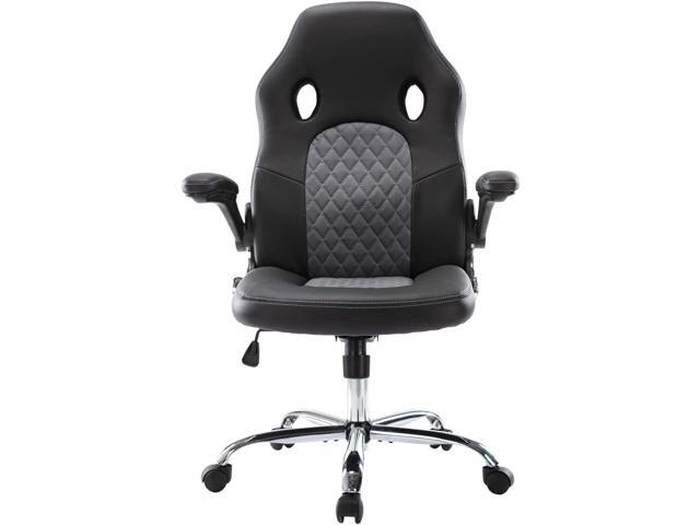 Office Gaming Chair, Ergonomic Comfortable Swivel Computer Gaming Chair Home Office Desk Chair PU Leather High Back with Flip-up Armrests, Grey
