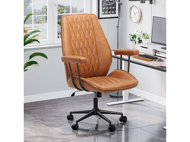 DICTAC Home Office Chair Brown Leather Desk Chair with Removable Armrest, Mid Century Modern Office Chair with Wheels, Capacity 400lbs