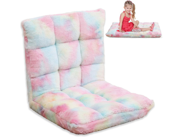 Recline Floor Chair with Plush Faux Fur Upholstery, 6-Position Pink Gaming Floor Chair for Kids, Teens, Girls, Adults, Tie Dye Rianbow