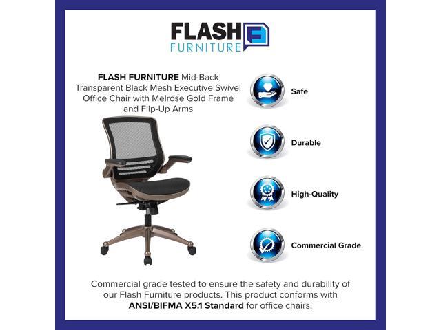 Flash Furniture Warfield Mid-Back Transparent Black Mesh Executive Swivel Office Chair with Melrose Gold Frame and Flip-Up Arms